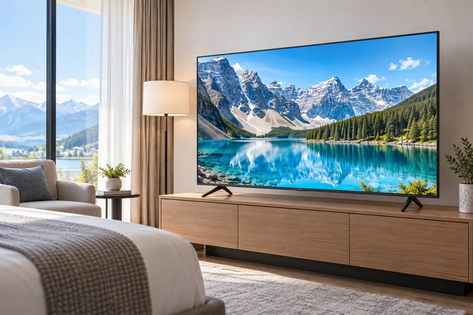 밝은 객실에서 선명한 자연 영상을 보여주는 Crystal UHD 제품군 연출 이미지
